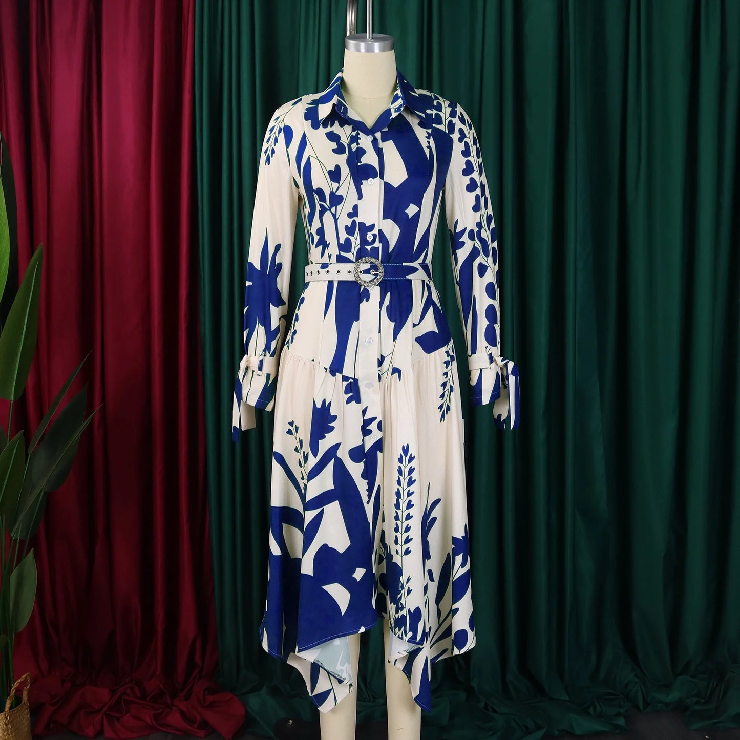 Brand New collections 2024-2025 Elegant Shirts Dresses for Women Printed Turn Down Collar Full Sleeve Belt Waisted Asymmetric Fashion Ladies Birthday Vestidos