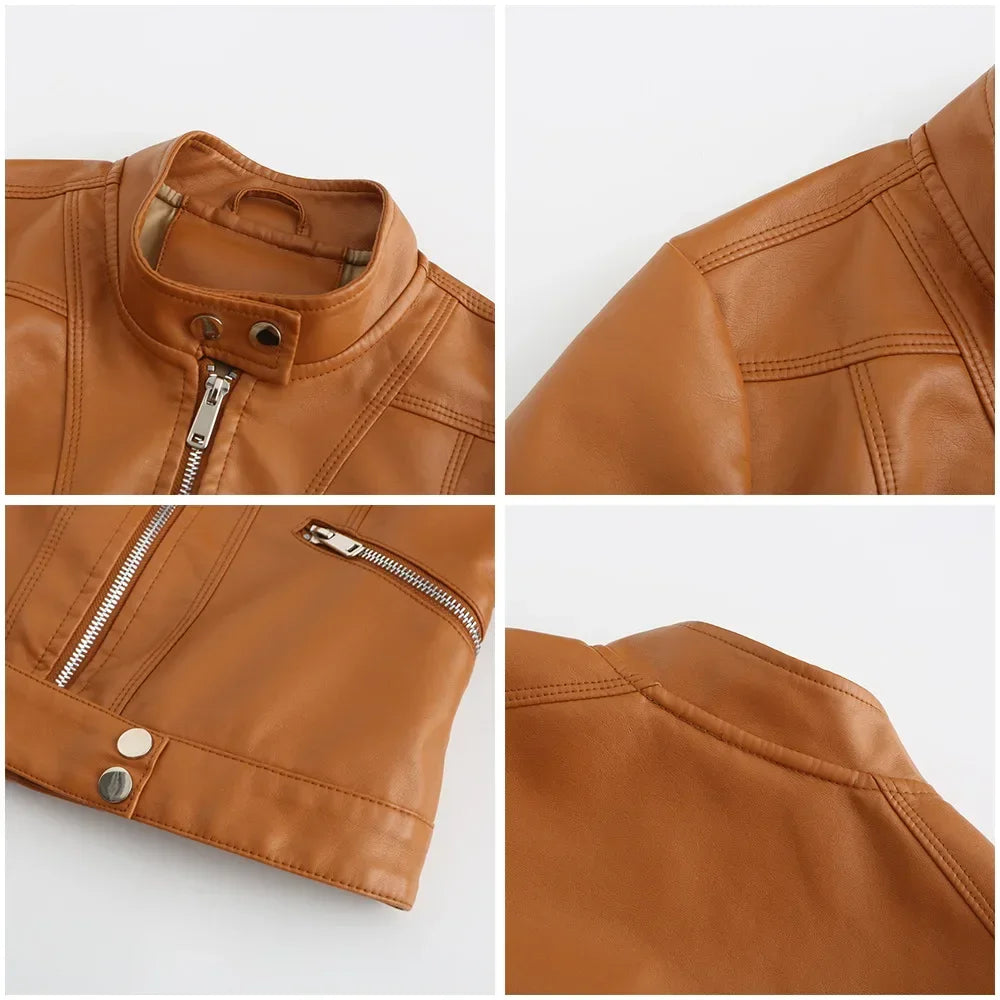 Spring Autumn Stand Collar Ladies Thin Leather Outerwear 2024 New Style Women's Leather Jacket Short Slim Fit