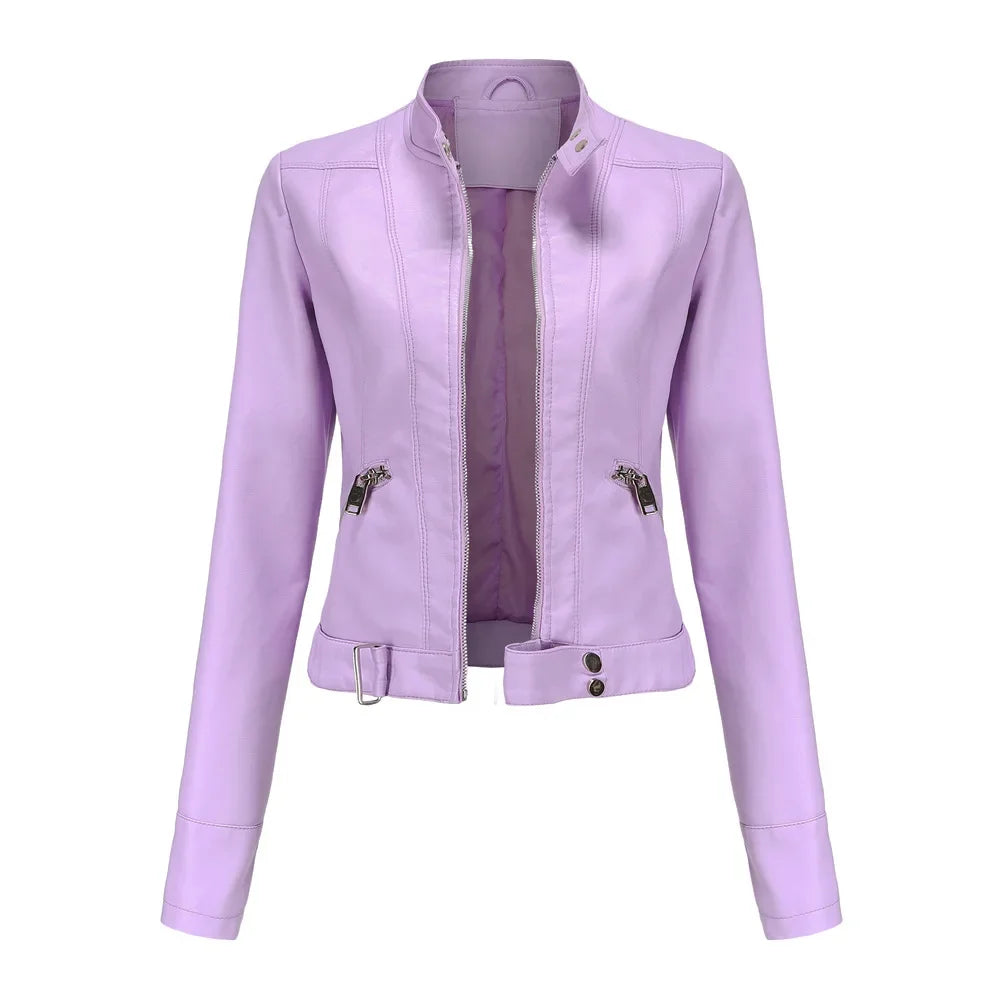 Spring Autumn Stand Collar Ladies Thin Leather Outerwear 2024 New Style Women's Leather Jacket Short Slim Fit