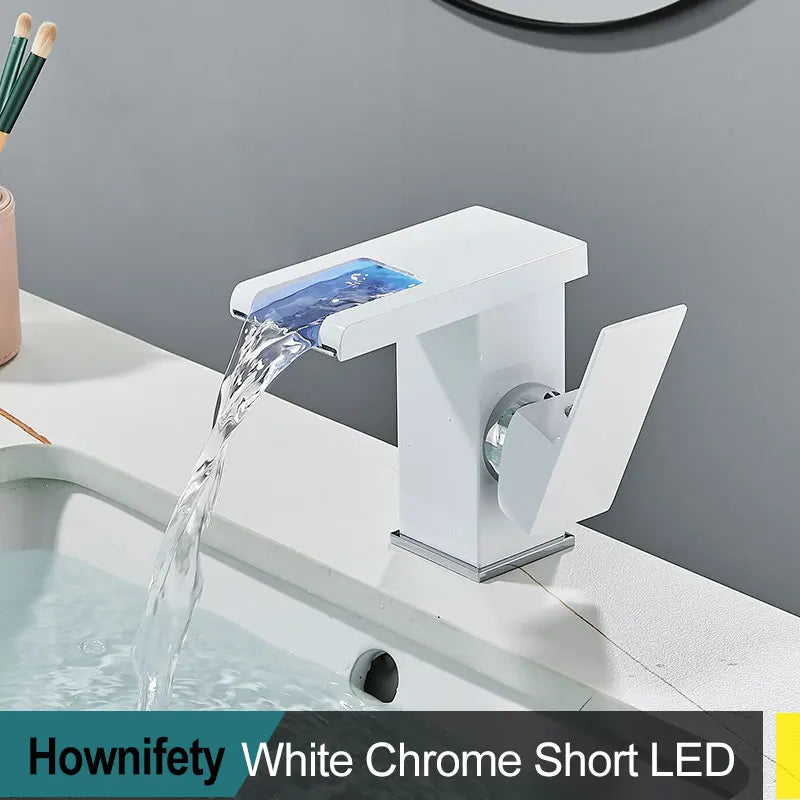 Brass LED Waterfall Bathroom Basin Faucet Deck Mount Cold Hot Water Mixer Crane Tap Short or Tall Tapware Water Flow Motor Free shipping