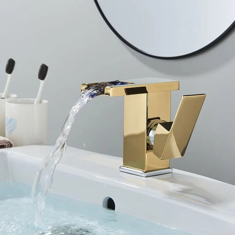 Brass LED Waterfall Bathroom Basin Faucet Deck Mount Cold Hot Water Mixer Crane Tap Short or Tall Tapware Water Flow Motor Free shipping