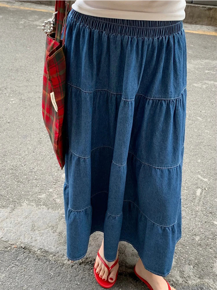 Vintage Women Denim Skirts Long Denim Layered Ladies 2024 Summer A-Line Loose Casual Elastic High Waist Midi Jeans Skirt L985