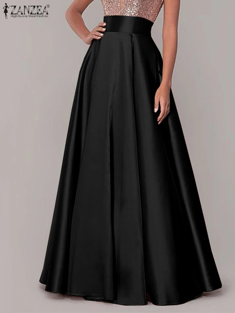 ZANZEA Women High Waist Maxi Skirts 2024 New Casual Loose Party Sundress Femme Long Silk Satin Skirt Faldas Saia Vestidos Robe
