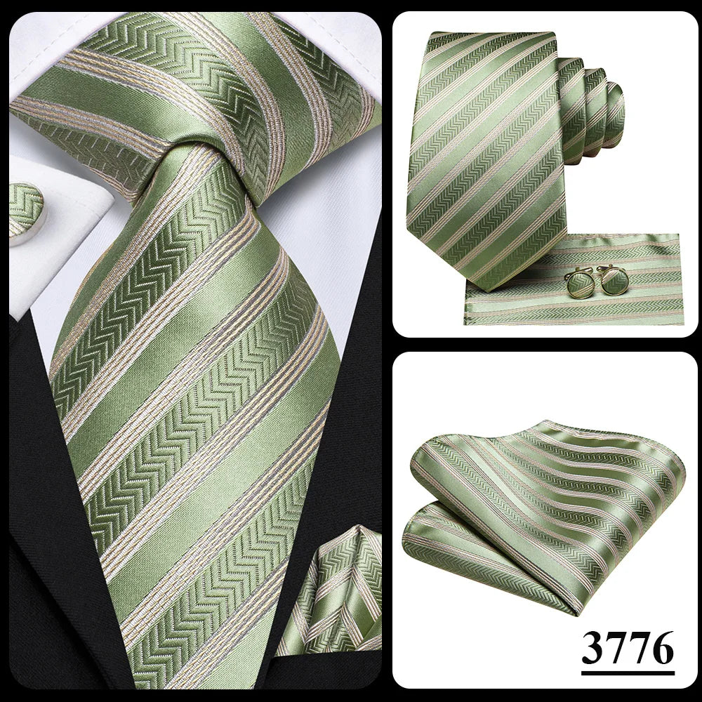 Our Brand 2025 Hi Tie Striped Sage Green Mens Fashion Necktie Handkerchief Cufflinks for Tuxedo Accessory Classic Silk Luxury Tie for Man Gift
