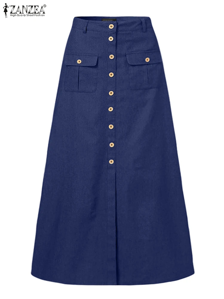 ZANZEA Women Denim Blue Maxi Skirt Vintage Skirts 2024 Summer Casual Solid Holiday Bottoms Lady A-line Button Up Skirt Oversized