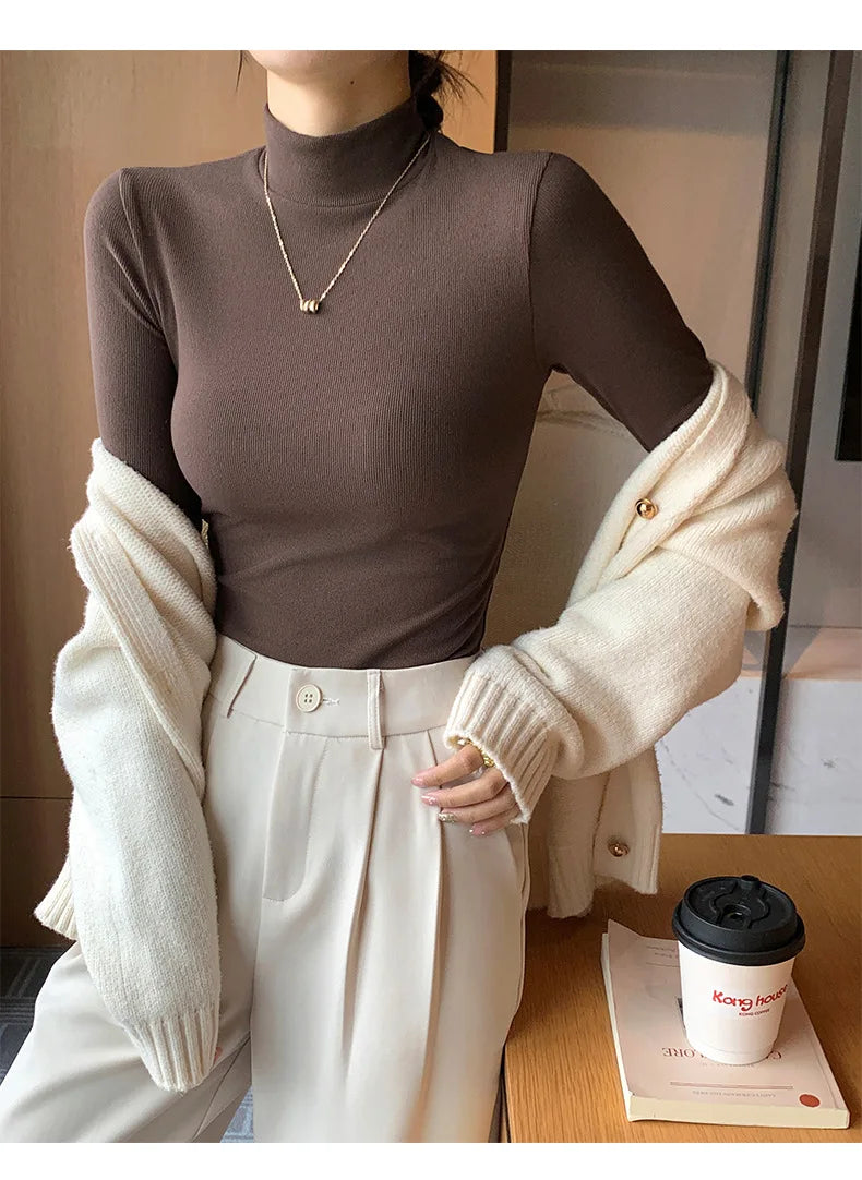 2024 New Knitted Half-turtleneck Pullovers Women Bottom Shirts Sweater Jumper Elegant USA and Canadian Fashion Long-sleeved Tops Knitwear
