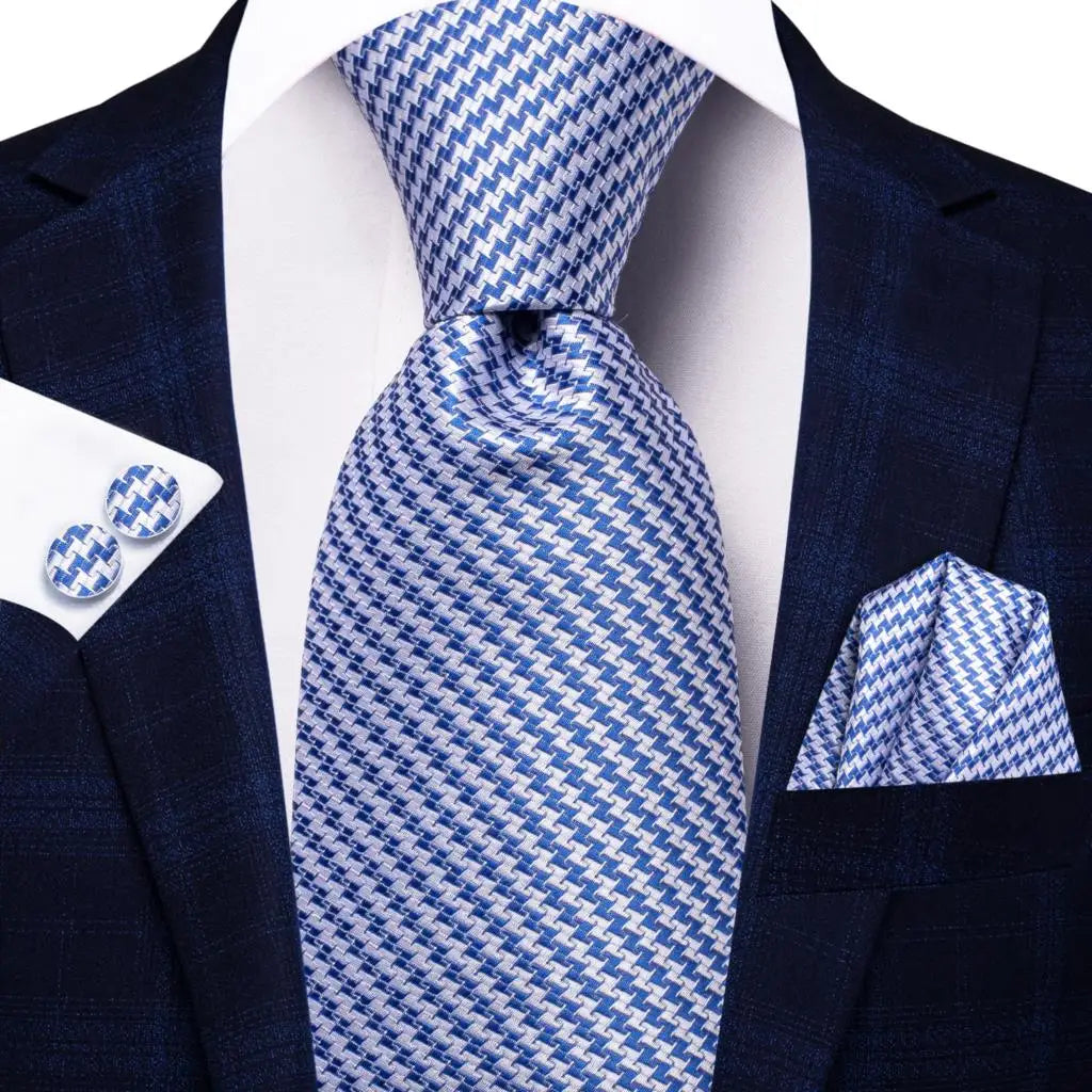 Brand New 2025 Hi-Tie Light Blue Striped Novelty Silk Wedding Tie For Men Handky Cufflinks Nicktie Set Fashion Design Business Party