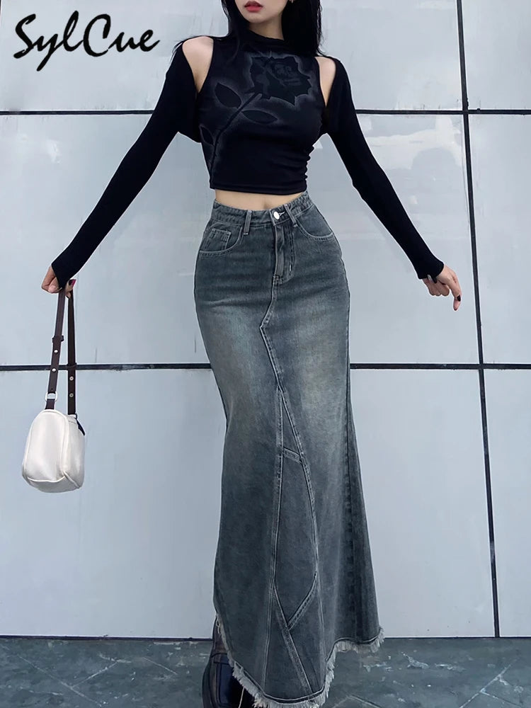 Sylcue Retro Classic All-Match Vitality Casual Commuter Outing Tight Sexy White Irregular Women'S Long Denim Skirt Girl Cool