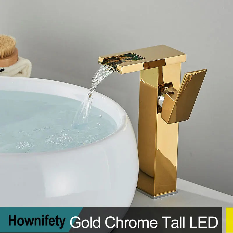 Brass LED Waterfall Bathroom Basin Faucet Deck Mount Cold Hot Water Mixer Crane Tap Short or Tall Tapware Water Flow Motor Free shipping
