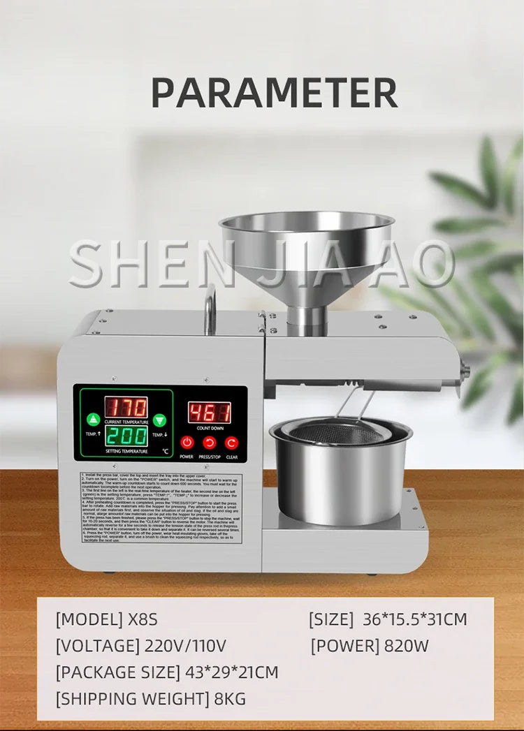 X8S New Intelligent Temperature Control Oil Press 820W Small Household Commercial Oil Press Homemade Peanut Oil 110/220V