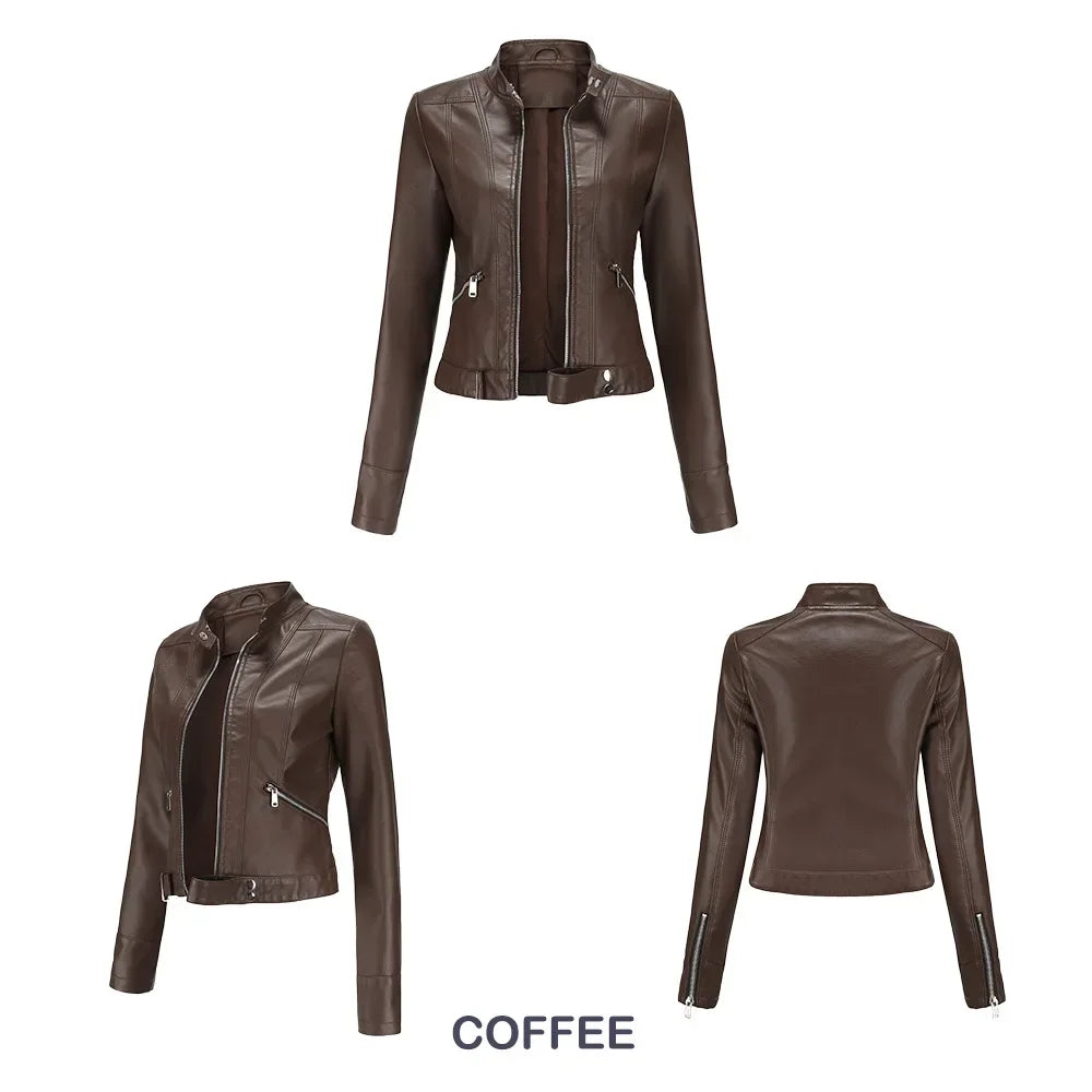 Spring Autumn Stand Collar Ladies Thin Leather Outerwear 2024 New Style Women's Leather Jacket Short Slim Fit