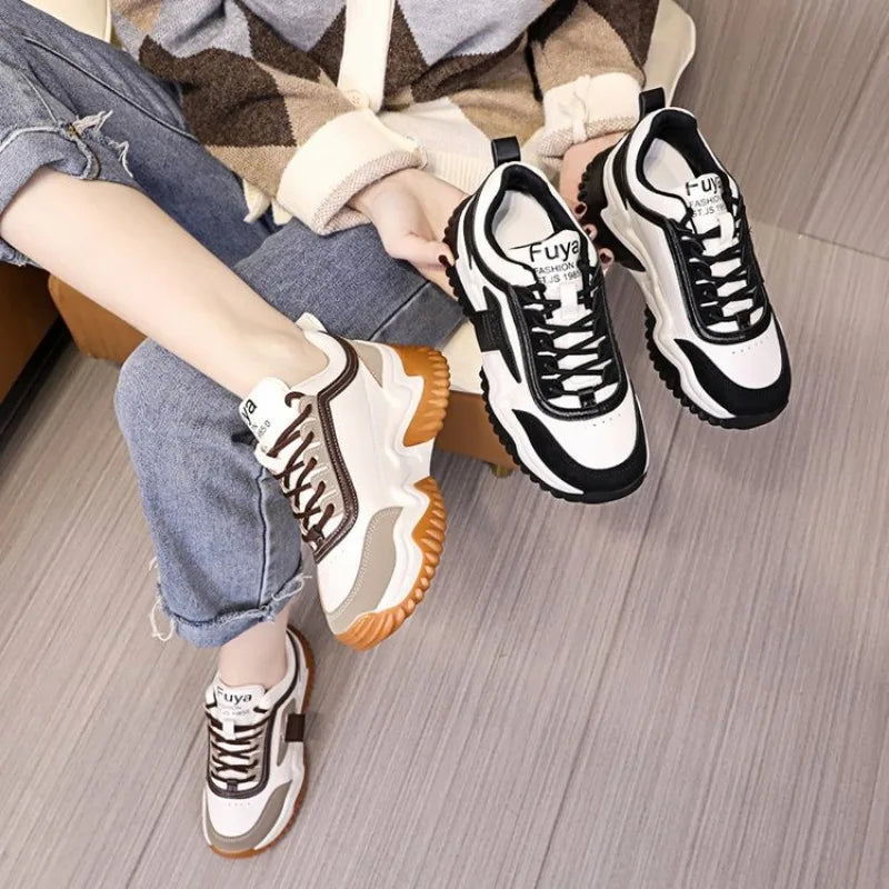 New 2024 and 2025 Trendy Dad Shoes Women's 2024 New Contrast Color Thick Sole Sports Women's Shoes Lace Up Casual Vulcanization Zapatos Mujer Traf
