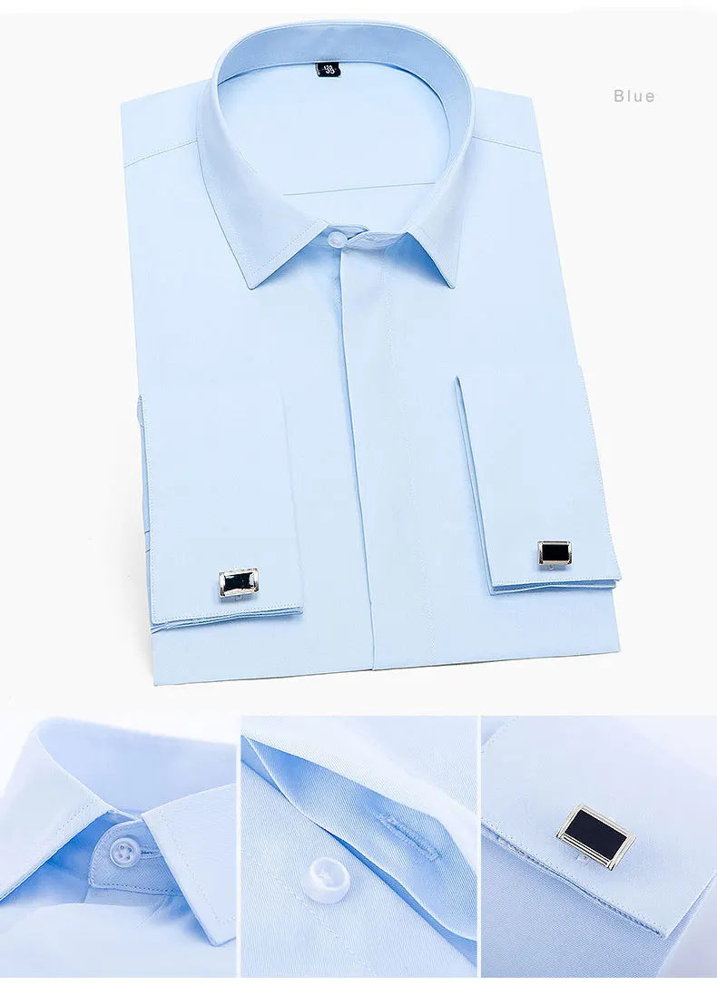 Brand NEW 2024-2025 Fashion Mens French Cufflinks Dress Shirts Long Sleeve Yellow White Blue Social Business Regular Fit Wedding Party Shirt For Man