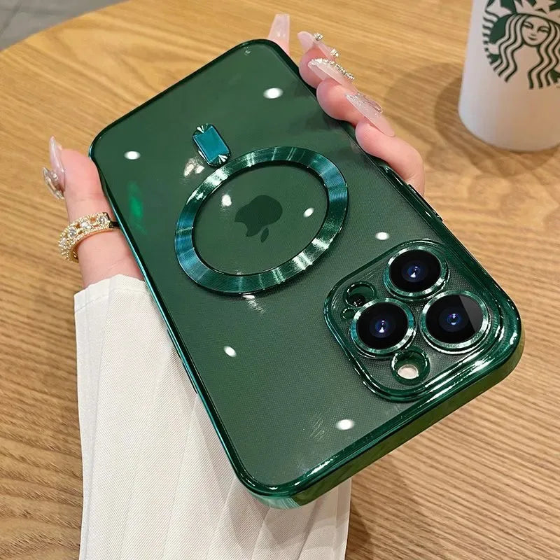 Plating TPU Magesafe Case For iPhone 16 15 14 13 12 11 Pro Max For Plus Magnetic Wireless Charging Full Lens Protect Clear Cover