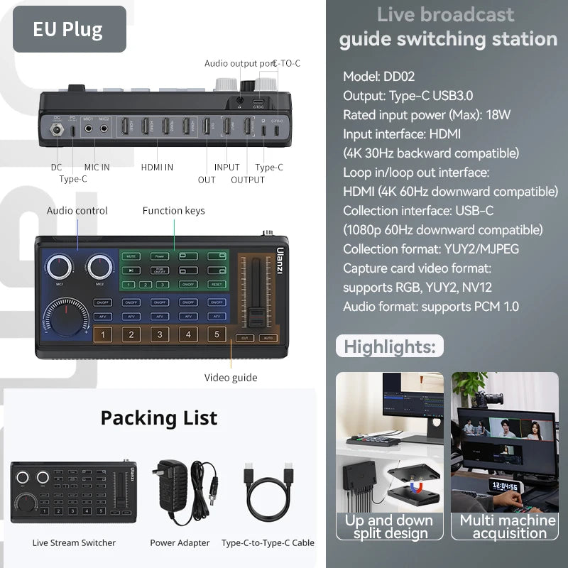 Ulanzi DD02 Live Video Switcher 4 CH HDMI Streaming 4K HD Screen For YUY2 MJPEG Capture Format Live Streaming Tool Video Mixer