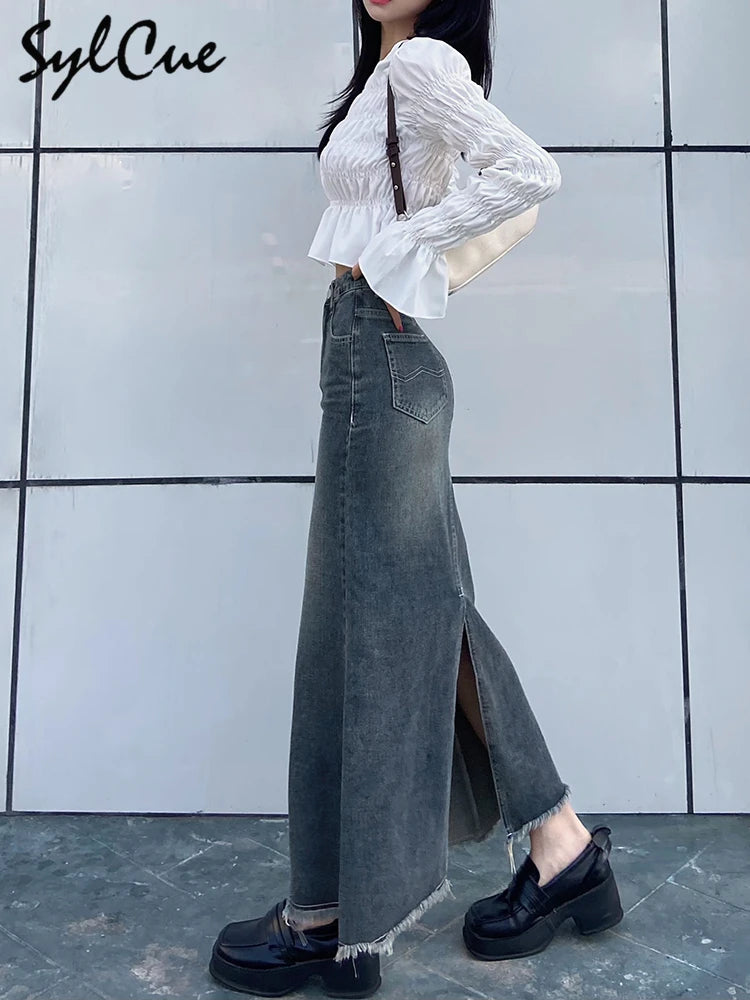 Sylcue Retro Classic All-Match Vitality Casual Commuter Outing Tight Sexy White Irregular Women'S Long Denim Skirt Girl Cool