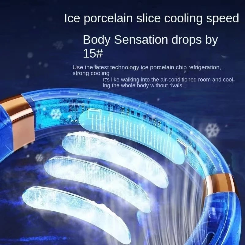 2024 New Portable Bladeless Hanging Neck Fan,LED Digital Power Supply, Ice Ceramic Induction Cooling, Colorful Atmosphere Light