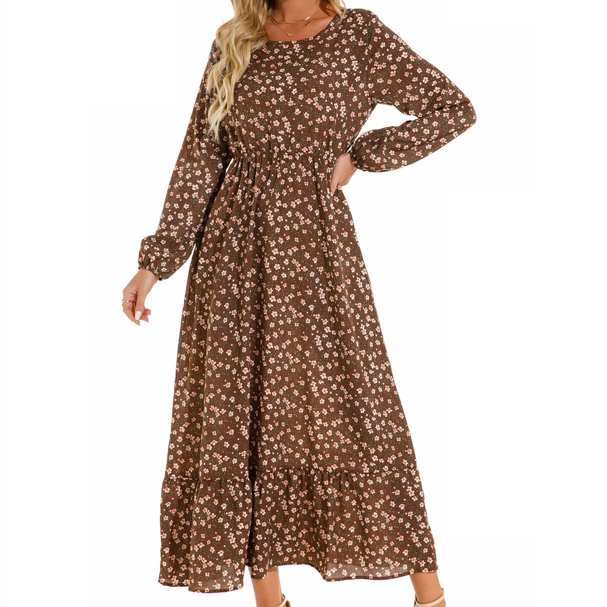 New Autumn 2025 Women Chiffon Dresses spring celebration Dress Mujer Vestidos Female Vintage Floral Print Full Sleeve A-line Long Maxi Dresses