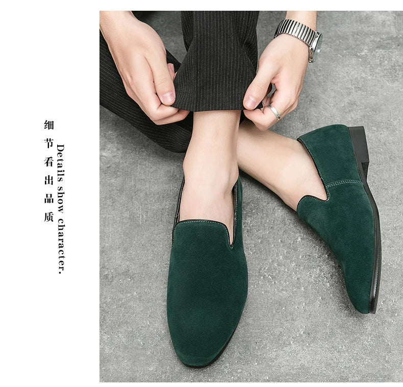 Brand 2024-2025 Green Men's Suede Loafers Fashion Soft Comfortable Breathable Moccasin Shoes Men England Style Slip-on Casual Shoes For Men