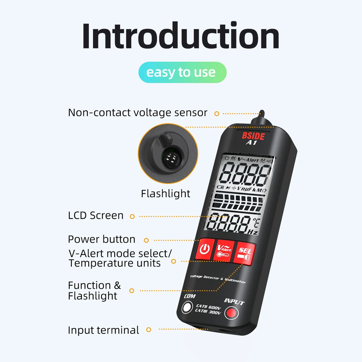 BSIDE A1X A1 Digital Multimeter Electric Test Pen With Flashlight Live Wire Recognition Meter Voltage Resistance Diode NCV Test