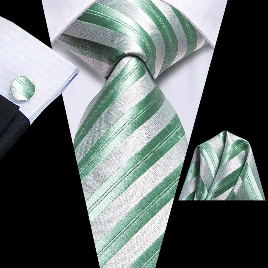 Our Brand 2025 Hi Tie Striped Sage Green Mens Fashion Necktie Handkerchief Cufflinks for Tuxedo Accessory Classic Silk Luxury Tie for Man Gift
