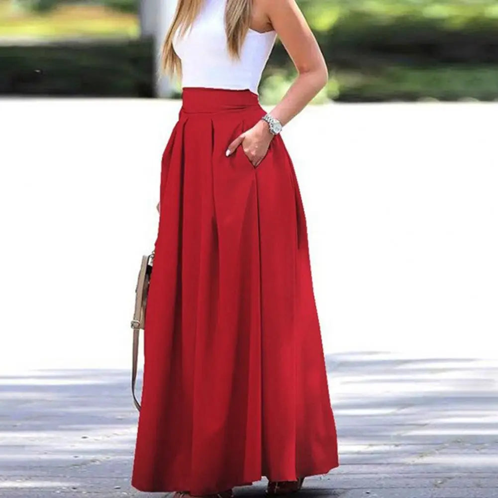 Chic OL Style Friendly to Skin Pleated Women Fall Spring Skirt Pockets Solid Color Women Fall Spring Skirt Women Clothes