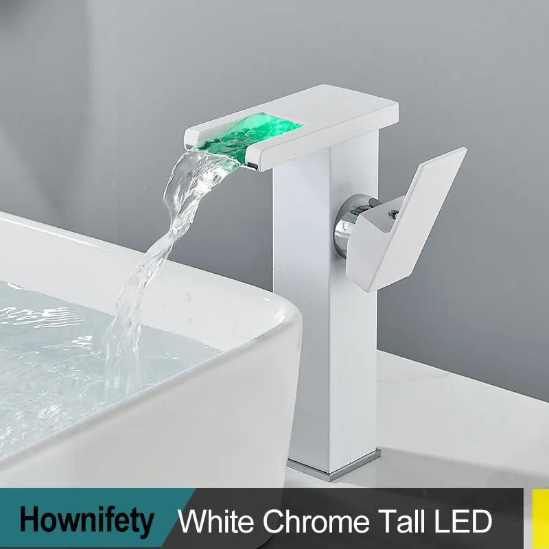 Brass LED Waterfall Bathroom Basin Faucet Deck Mount Cold Hot Water Mixer Crane Tap Short or Tall Tapware Water Flow Motor Free shipping
