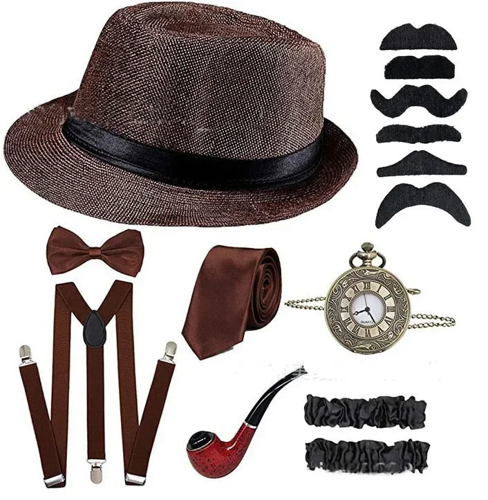 The Great Gatsby Cosplay Costume 1920s Mens Gangster Accessories Set Newsboy Hat Suspenders Armbands Tied Bowtie Drop Shipping30
