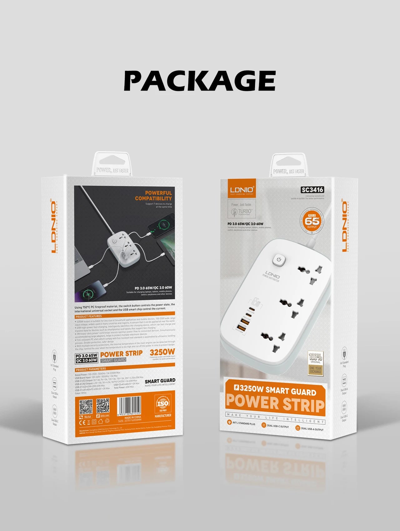 LDNIO Universal Power Strip with 65W GaN USB Charer 3250W Extension Cable Network Filter Surge Protector EU/US/UK Plug Socket
