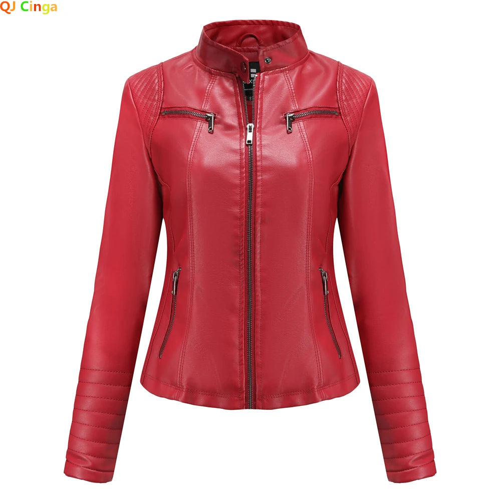Bright Red V-neck Leather Jacket Women's, Fashion Slim PU Coat, Black Short Outerwear Size XS S M L XL XXL