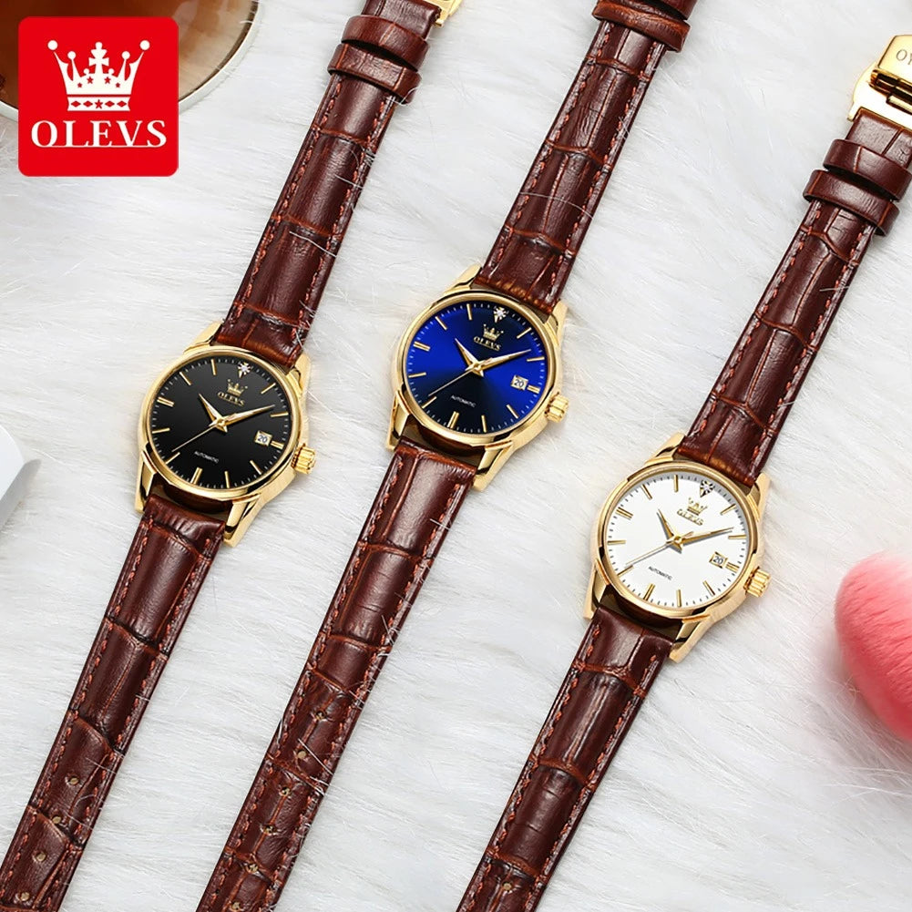 2024 OLEVS 6629 Mechanical Fashion Watch Gift Genuine Leather Watchband Round-dial Calendar Luminous