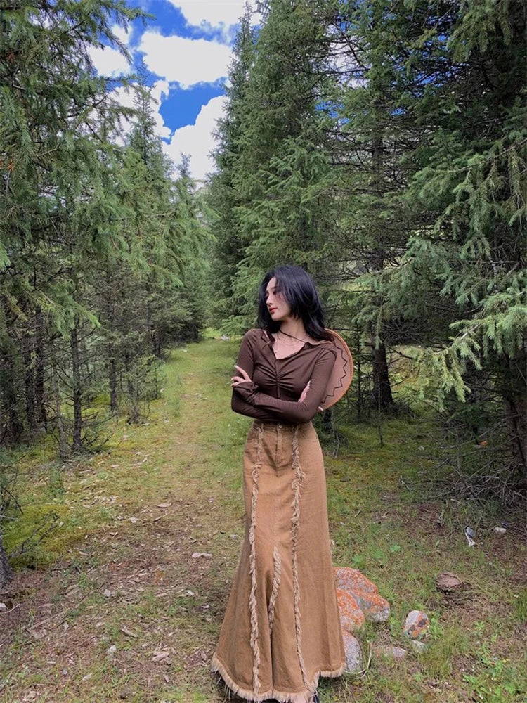 REDDACHiC Y2k Mermaid Denim Skirt Women High Waist Long Jeans Skirt Tall Girl Retro Brown Fishtail Floor Skirt Streetwear
