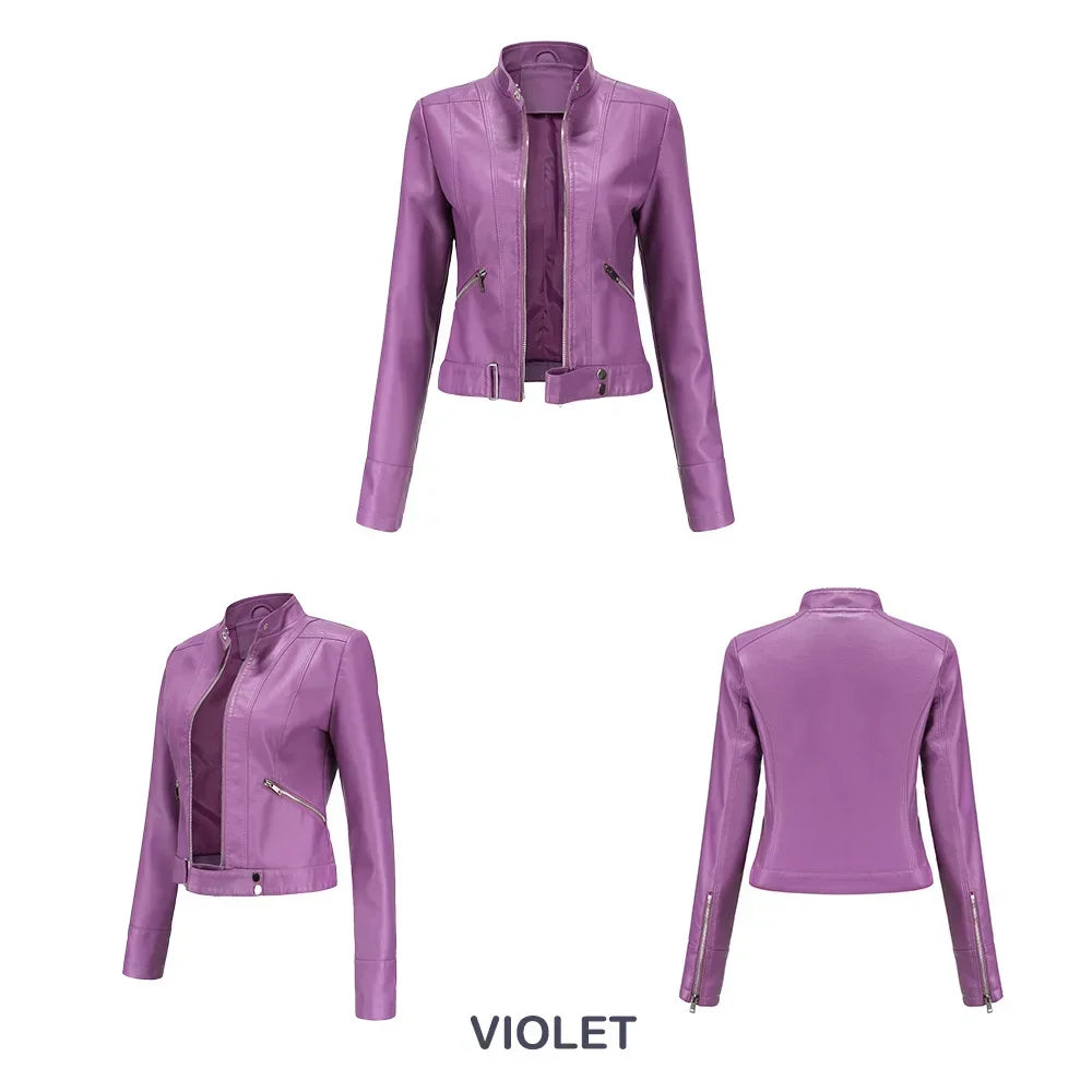 Spring Autumn Stand Collar Ladies Thin Leather Outerwear 2024 New Style Women's Leather Jacket Short Slim Fit