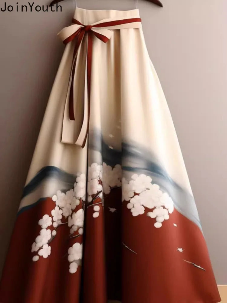 Vintage Skirts for Women 2024 Faldas Mujer De Moda High Waist A-line Jupe French Style Print Bandage Saia Big Swing Loose Skirt