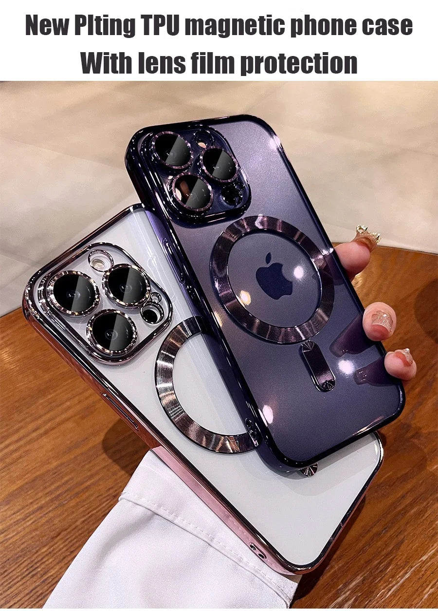 Plating TPU Magesafe Case For iPhone 16 15 14 13 12 11 Pro Max For Plus Magnetic Wireless Charging Full Lens Protect Clear Cover