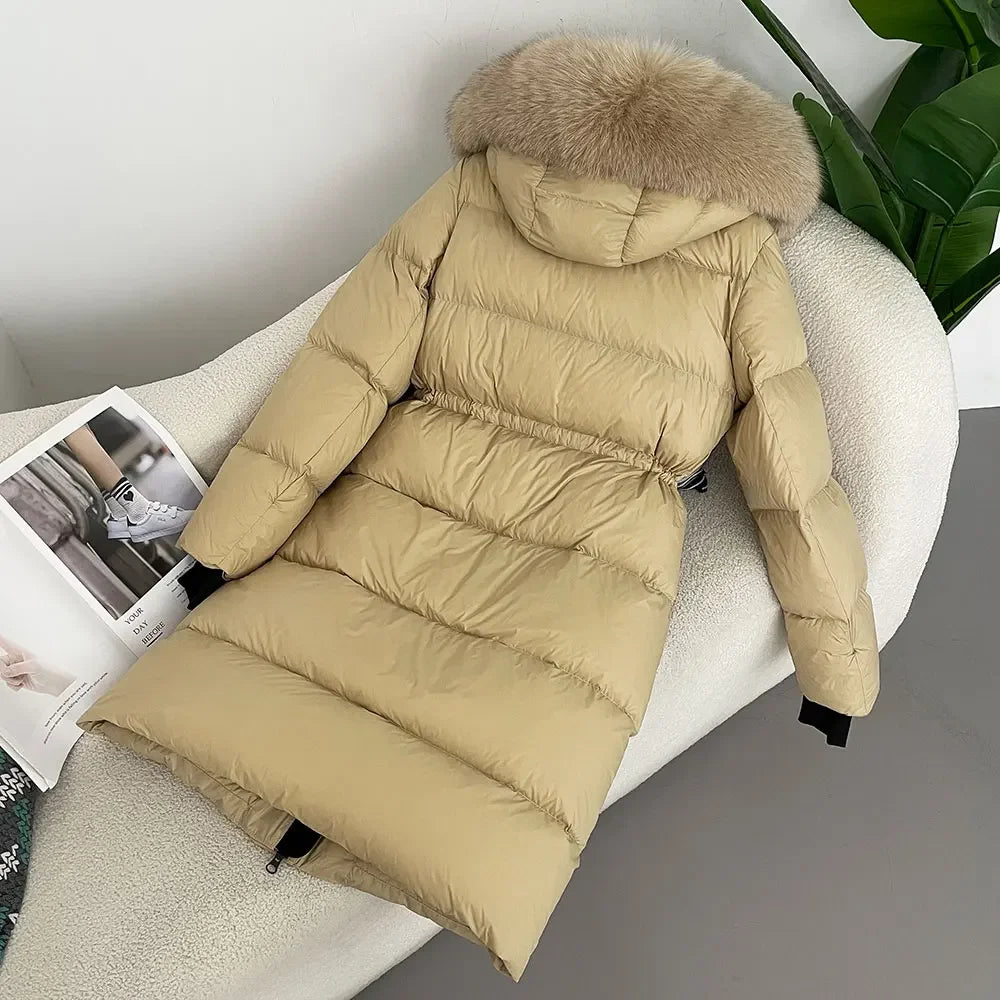 2024 - 2025 Winter New White Duck Down Real Fox Fur Real Raccoon Fur Long Hooded Coat Women Slim Warm Jacket Female Casual Fashion