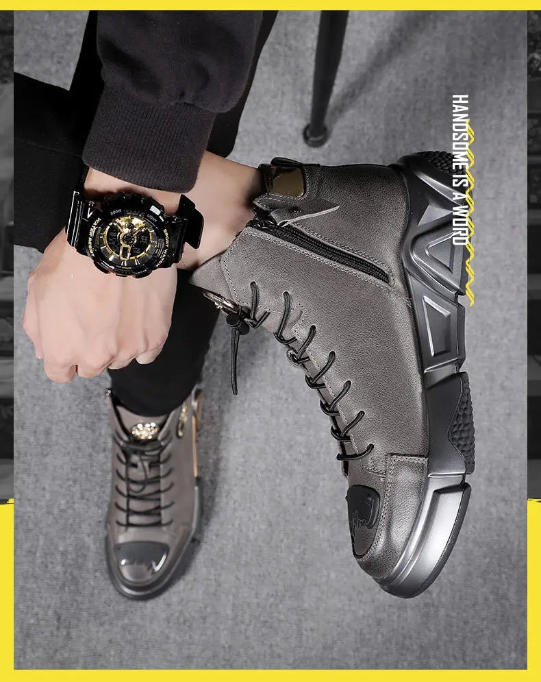 10% OFF High-top Men's Shoes Leather Men's Ankle Boots 2024 Autumn and Winter New Trend Leather Boots Youth Thick-soled Rider Boots WE OFFER 10% OFF