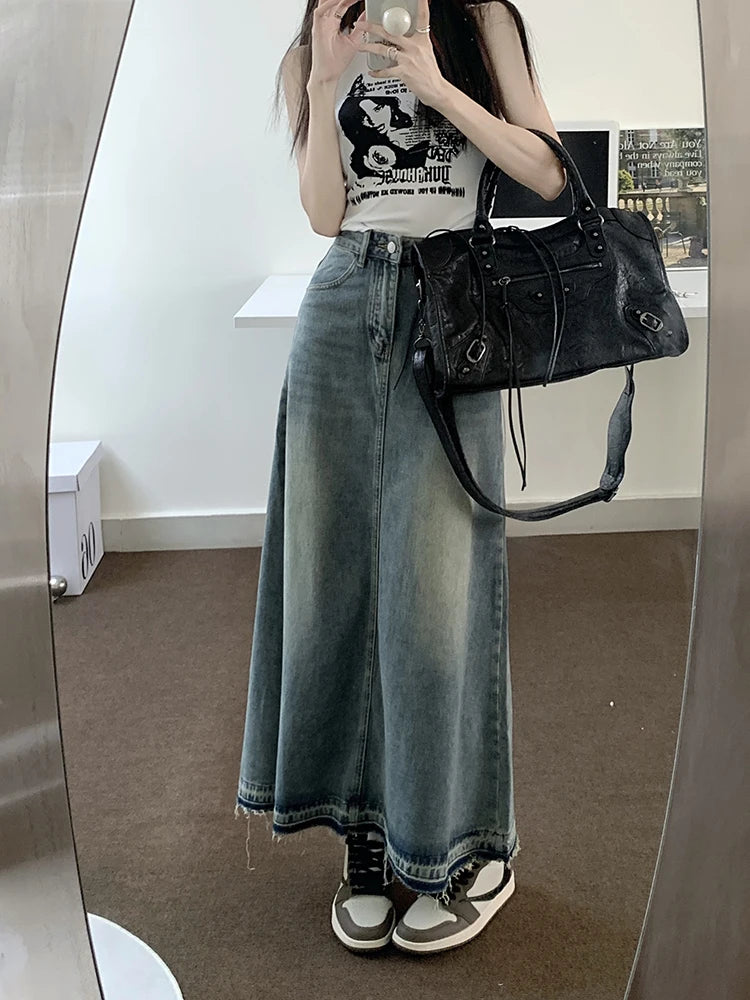 REDDACHiC Y2k Stitch Long Denim Skirt Blue Plain High Waist Midi Maxi Jeans Skirt USA Dongdaemun Women 90s Vintage Streetwear