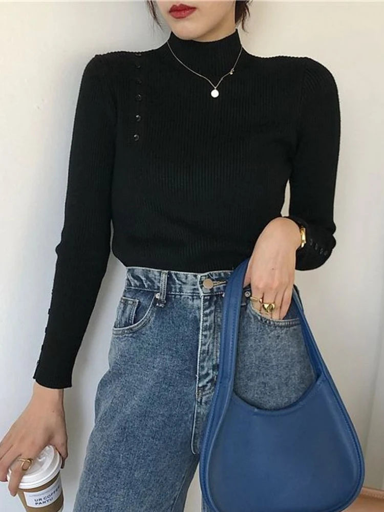 Women Knitted Sweater Long Sleeve Button Turtleneck Slim Pullovers for Autumn Winter 2024 Female Sweaters Soft Warm Bottoming Tops
