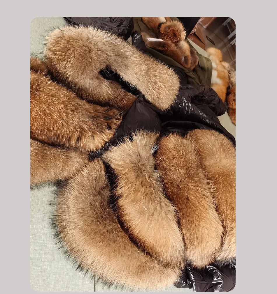 Amazony 2024- 2025 Women Winter Black Loose Long Down Jacket Real Fox Fur Collar Hooded Fashion Waterproof Female Extra Large Coat