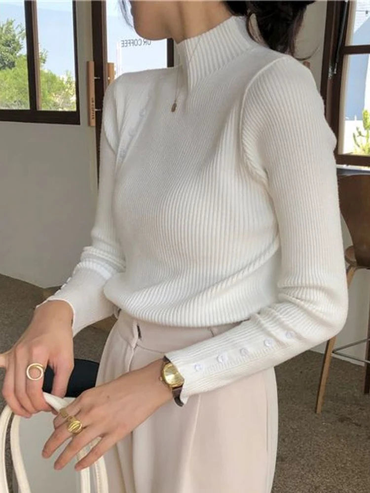 Women Knitted Sweater Long Sleeve Button Turtleneck Slim Pullovers for Autumn Winter 2024 Female Sweaters Soft Warm Bottoming Tops