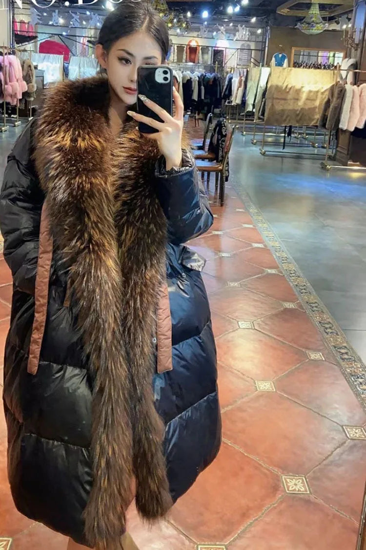 2024 - 2025 New Natural Real Fox Fur Long White Duck Down Jacket Winter Women Warm Loose Coat Thick Outerwear Streetwear