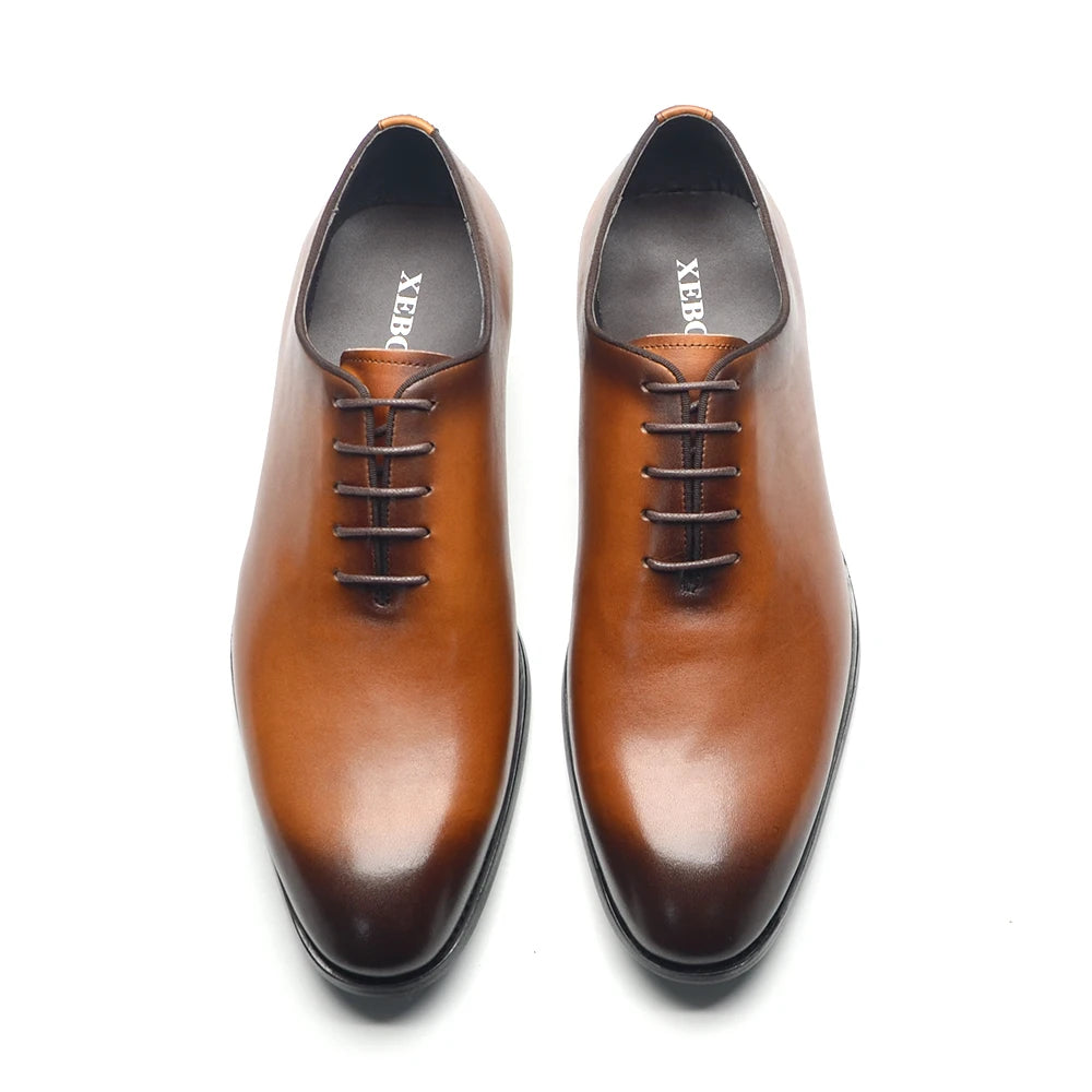 Brand Designer Whole Cut Oxford Dress Shoes Men Genuine Leather Handmade Lace Up Plain Toe Business Office Formal Wedding Shoe