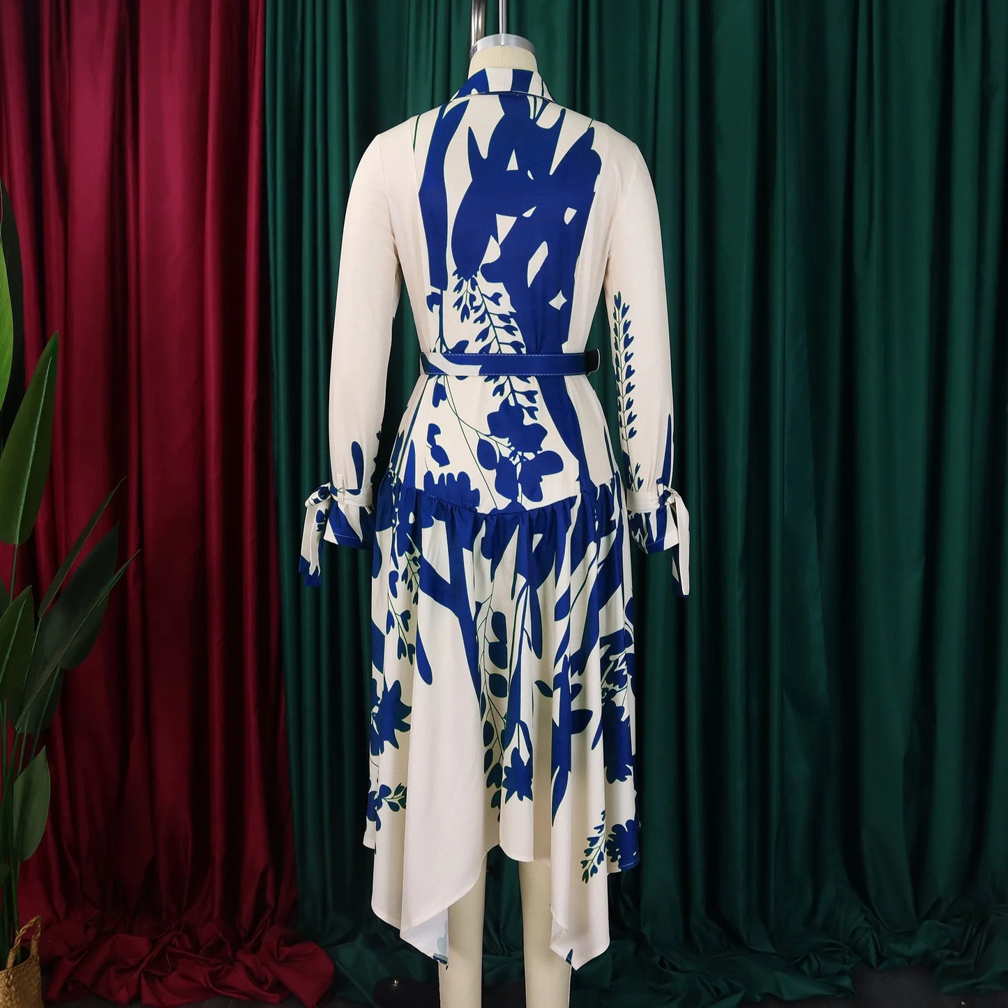 Brand New collections 2024-2025 Elegant Shirts Dresses for Women Printed Turn Down Collar Full Sleeve Belt Waisted Asymmetric Fashion Ladies Birthday Vestidos