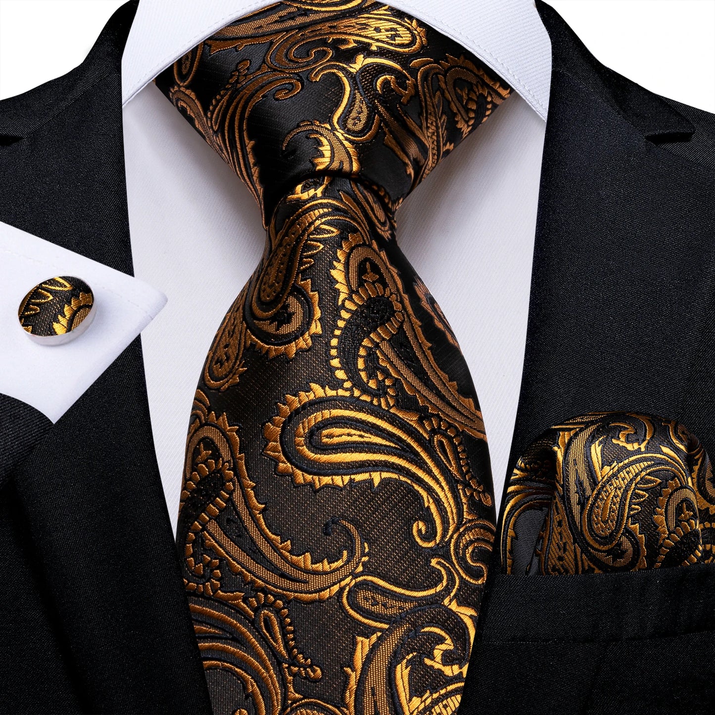 Brand New 2025 Mens Tie 100% Silk Classic Jacquard Woven 8cm Gold Yellow Formal Business Wedding Neck Tie Pocket Square Set Suit Cravat