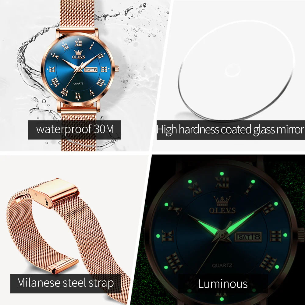OLEVS Luxury Brand Women's Watches Week Calendar Fashion Quartz Watch Milanese Mesh Belt Waterproof Luminous Original Female