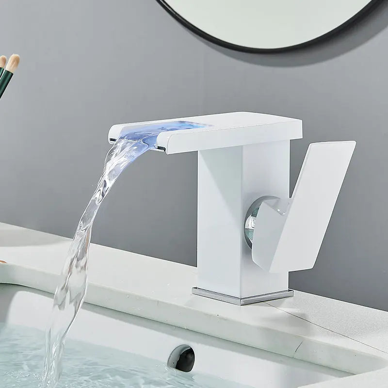 Brass LED Waterfall Bathroom Basin Faucet Deck Mount Cold Hot Water Mixer Crane Tap Short or Tall Tapware Water Flow Motor Free shipping