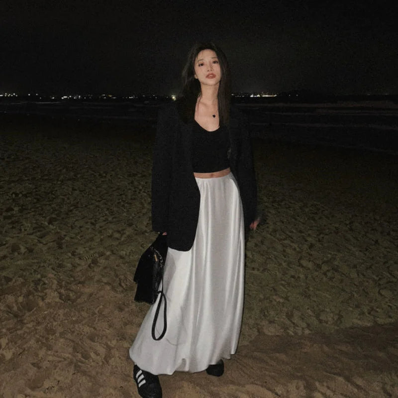 2024 Spring White Satin Low Waist A Line Ball Gown Long Skirts For Women French Romantic Elegant Solid Fairy Dress For Girl