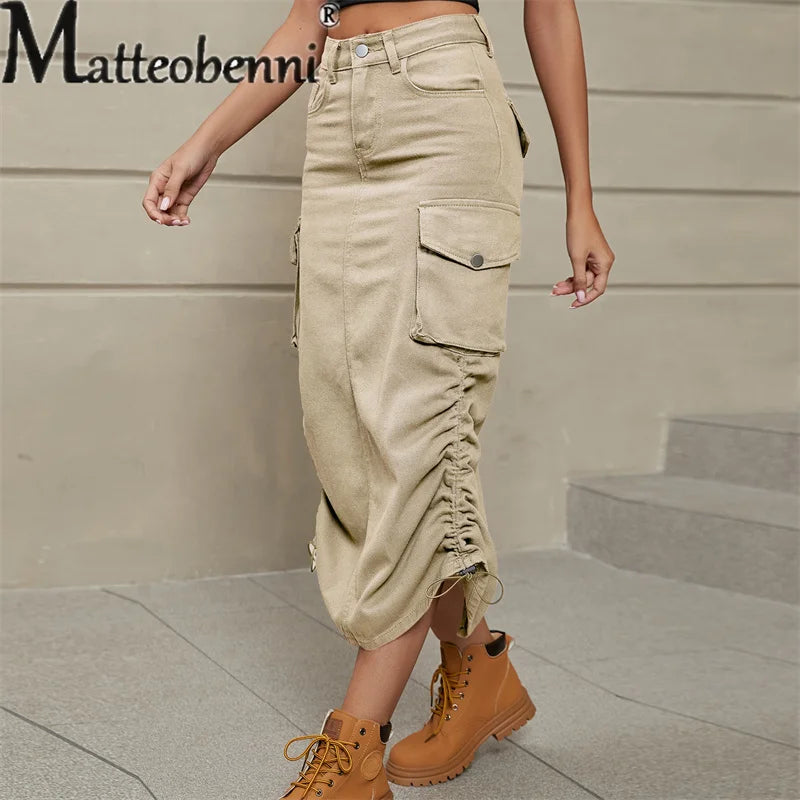 2024 Vintage Draw Pleat Half-body Dress Women Casual Trend Pocket Splicing Button Denim Overalls Skirt Female Clothes Streetwear