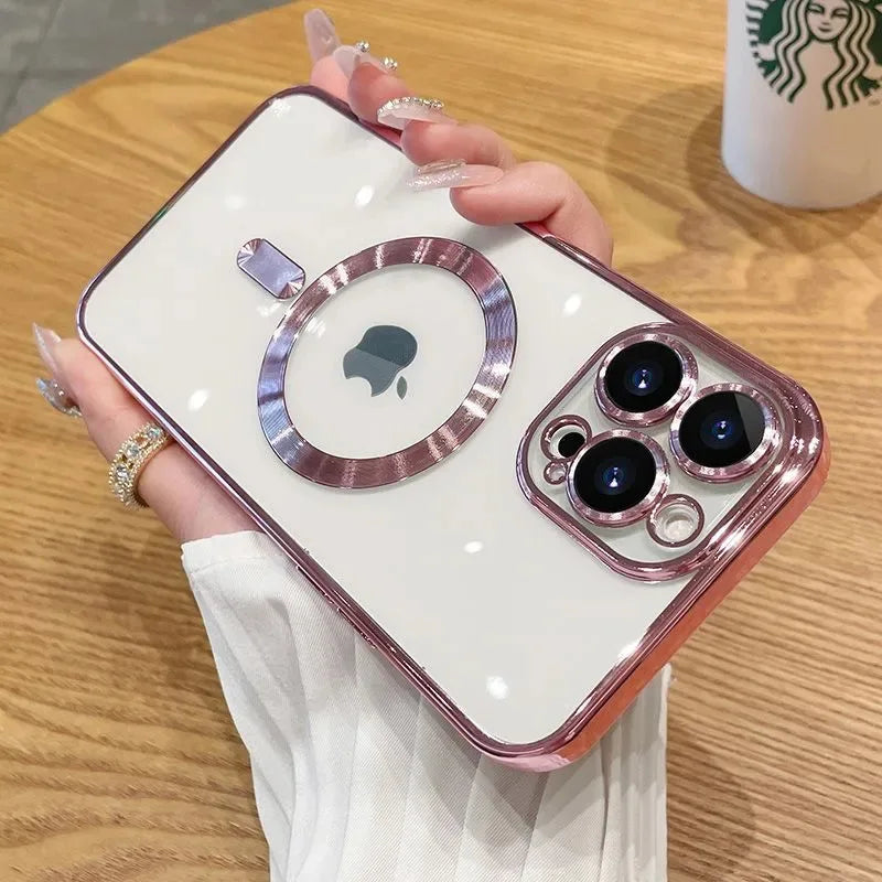 Plating TPU Magesafe Case For iPhone 16 15 14 13 12 11 Pro Max For Plus Magnetic Wireless Charging Full Lens Protect Clear Cover